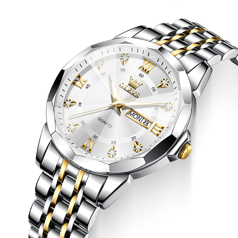 Gold White faceted glass day date quartz watch dial close up - OLEVS 3759