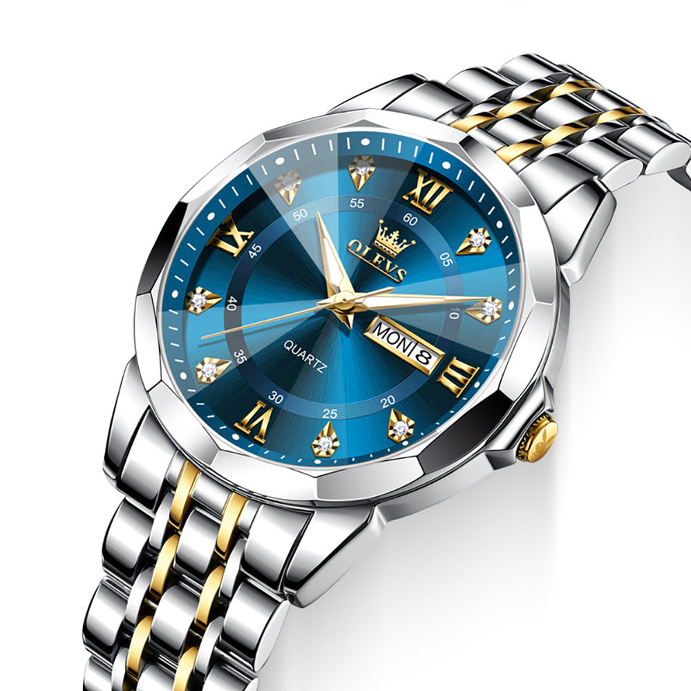 Gold Blue faceted glass day date quartz watch dial close up - OLEVS 3759