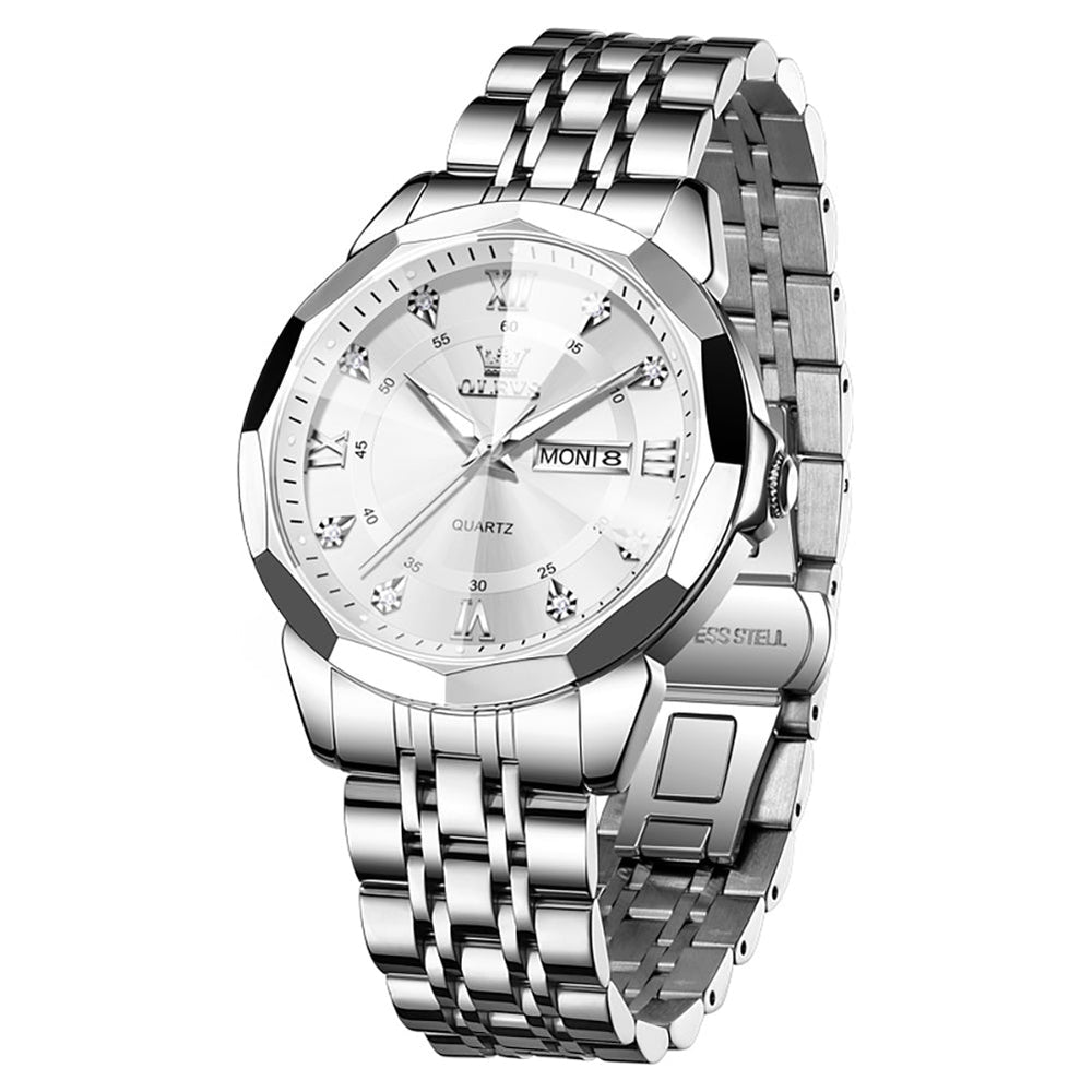 Silver White faceted glass day date quartz watch - OLEVS 3759