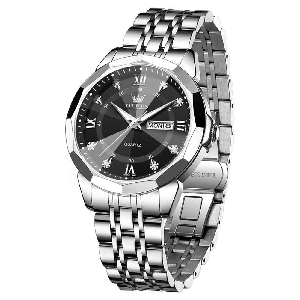 Silver Black faceted glass day date quartz watch - OLEVS 3759