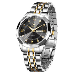 Gold Black faceted glass day date quartz watch - OLEVS 3759