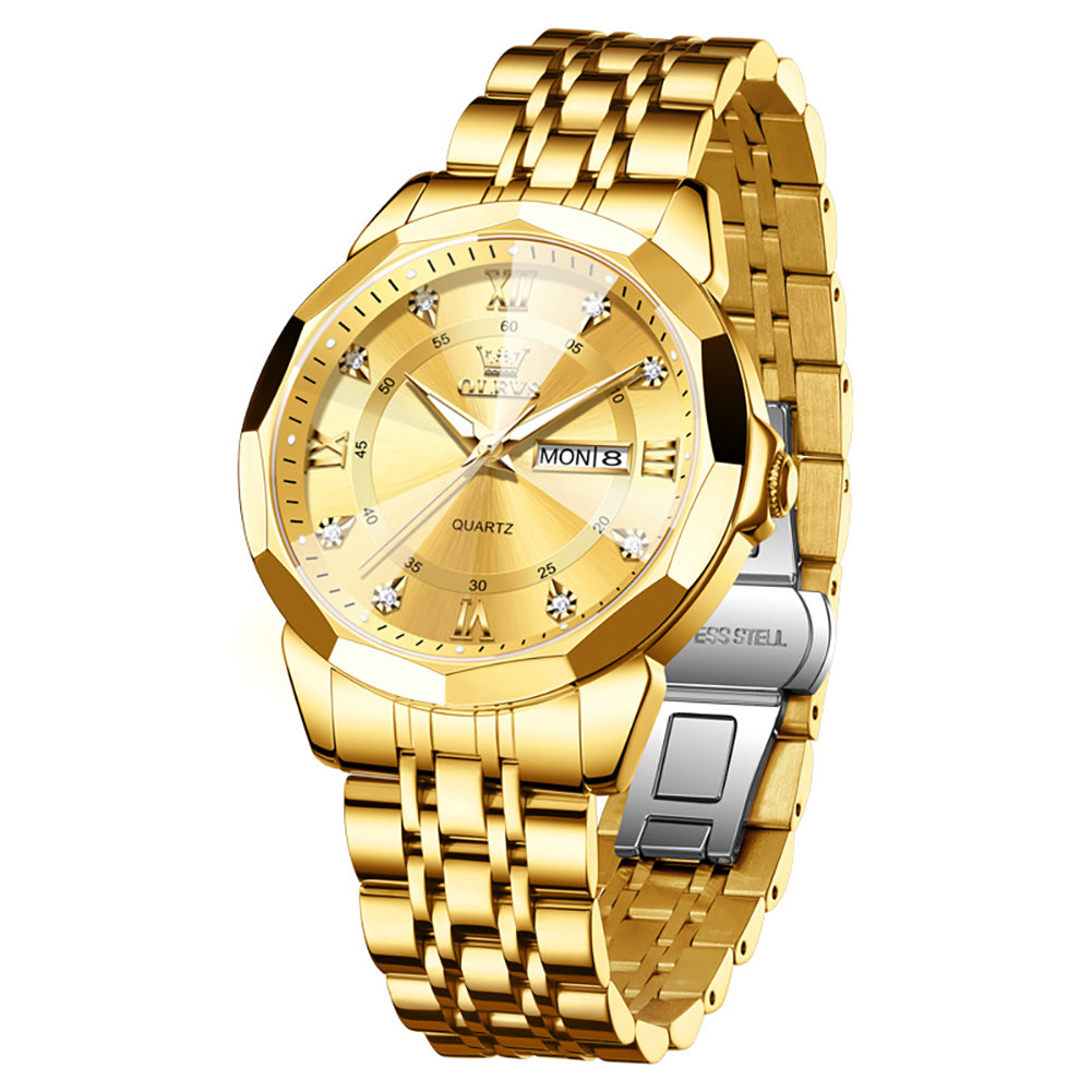 All Gold faceted glass day date quartz watch - OLEVS 3759