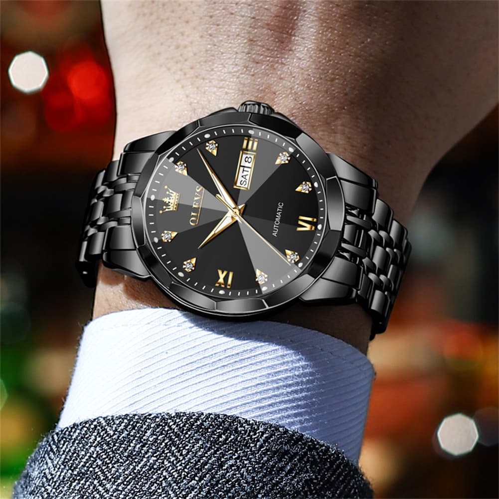 OLEVS 3D Diamond Cut Mirror Automatic Mechanical Watch 9982 Day Date for Men - All Gold Watch | Olevs Watch Store