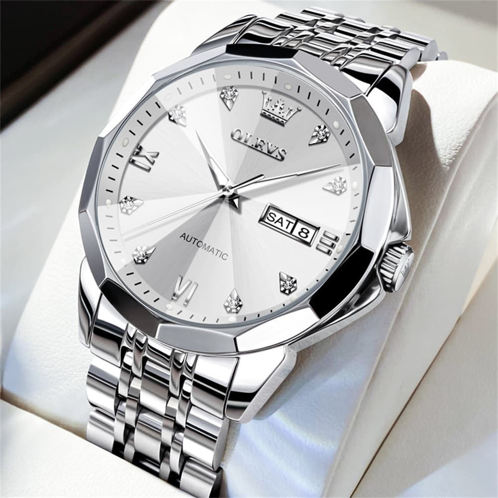 OLEVS 3D Diamond Cut Mirror Automatic Mechanical Watch 9982 Day Date for Men - Silver White Watch | Olevs Watch Store