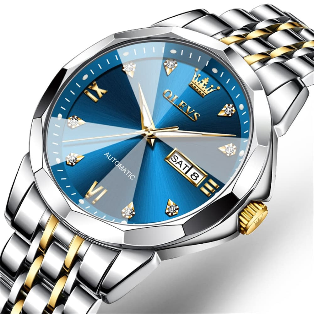 OLEVS 3D Diamond Cut Mirror Automatic Mechanical Watch 9982 Day Date for Men - All Gold Watch | Olevs Watch Store