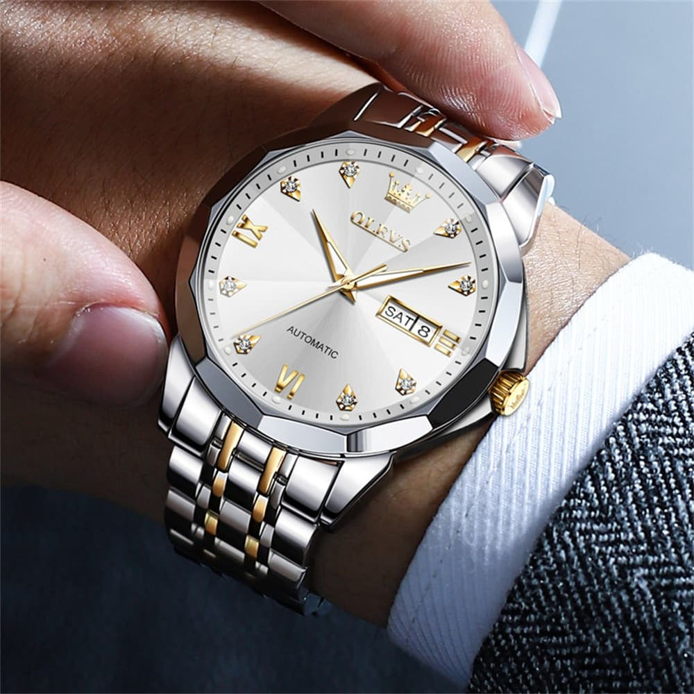 OLEVS 3D Diamond Cut Mirror Automatic Mechanical Watch 9982 Day Date for Men - All Gold Watch | Olevs Watch Store