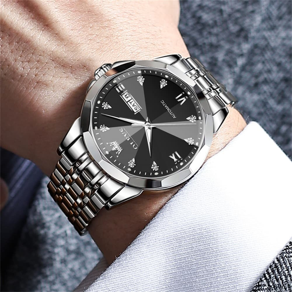OLEVS 3D Diamond Cut Mirror Automatic Mechanical Watch 9982 Day Date for Men - All Gold Watch | Olevs Watch Store