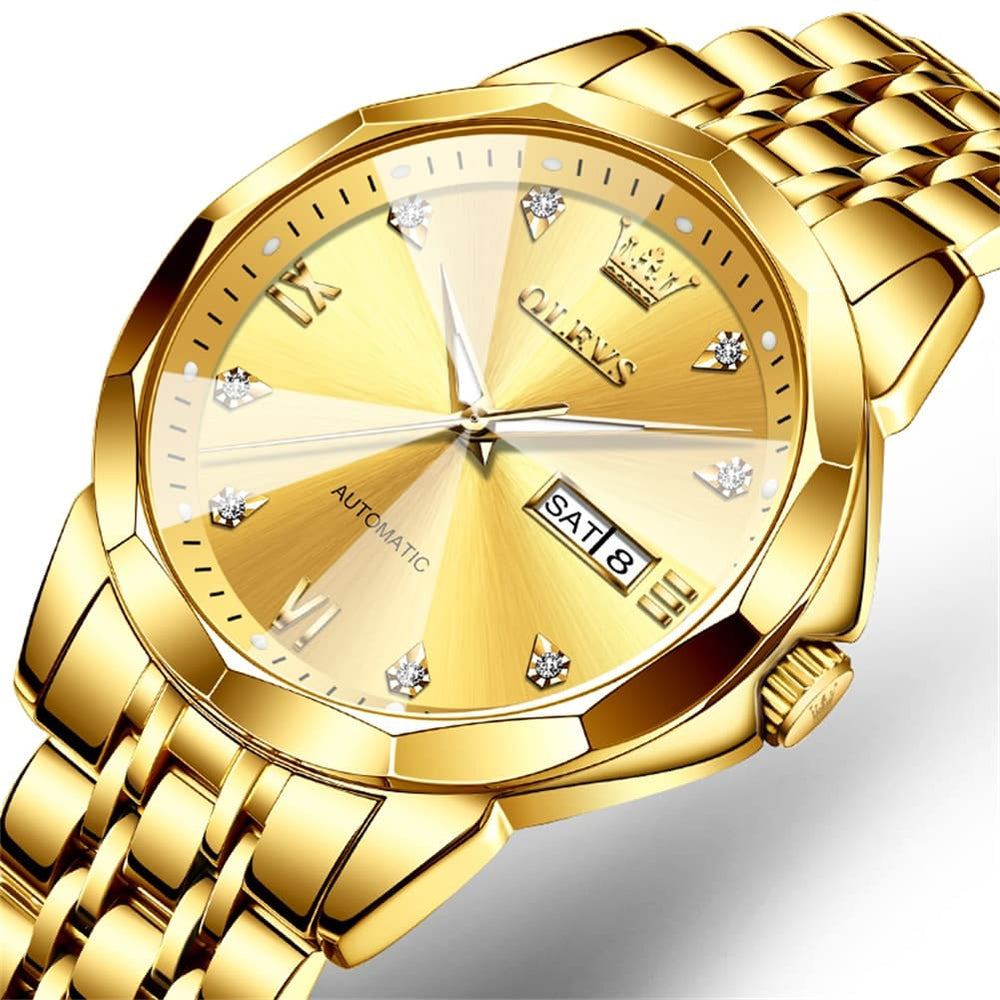 OLEVS 3D Diamond Cut Mirror Automatic Mechanical Watch 9982 Day Date for Men - All Gold Watch | Olevs Watch Store