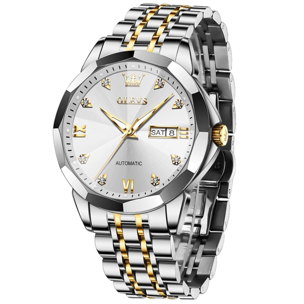 OLEVS 3D Diamond Cut Mirror Automatic Mechanical Watch 9982 Day Date for Men - All Gold Watch | Olevs Watch Store