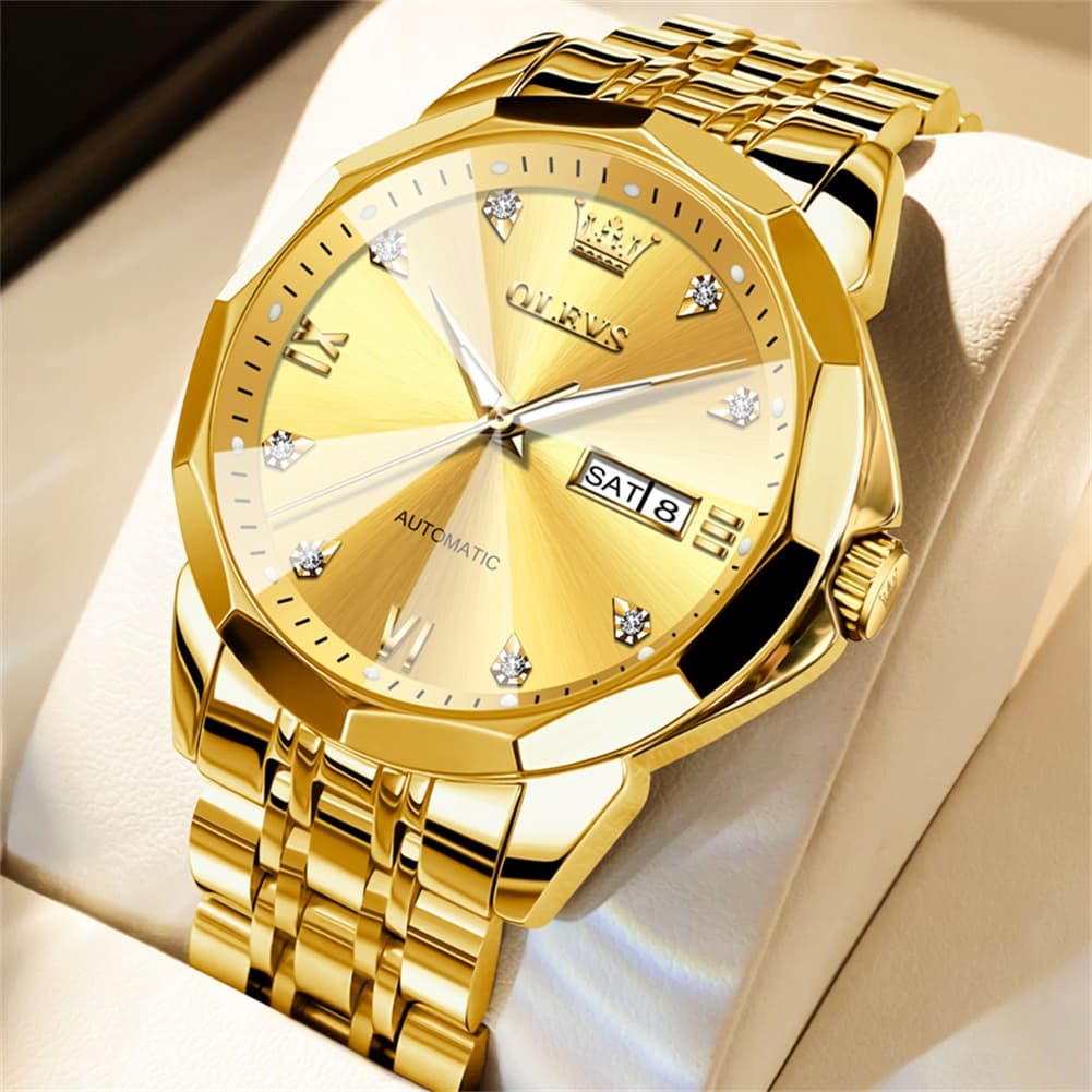 OLEVS 3D Diamond Cut Mirror Automatic Mechanical Watch 9982 Day Date for Men - All Gold Watch | Olevs Watch Store