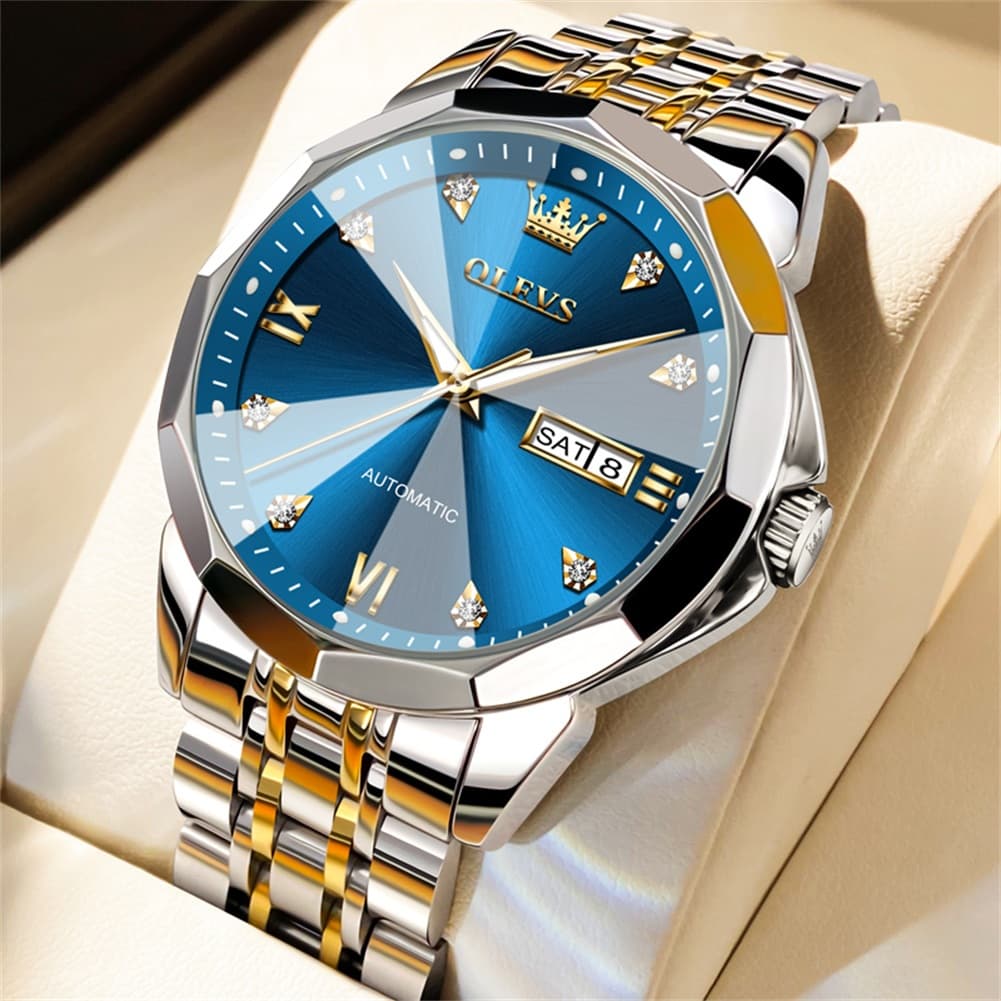 OLEVS 3D Diamond Cut Mirror Automatic Mechanical Watch 9982 Day Date for Men - Two Tone Blue Watch | Olevs Watch Store