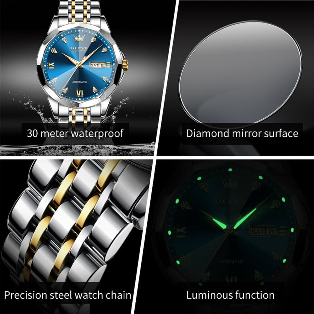 OLEVS 3D Diamond Cut Mirror Automatic Mechanical Watch 9982 Day Date for Men - All Gold Watch | Olevs Watch Store