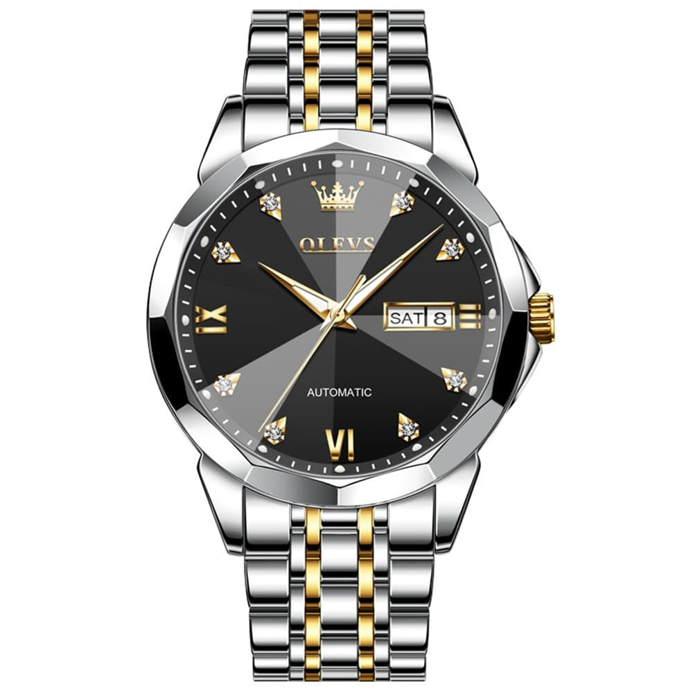 OLEVS 3D Diamond Cut Mirror Automatic Mechanical Watch 9982 Day Date for Men - All Gold Watch | Olevs Watch Store