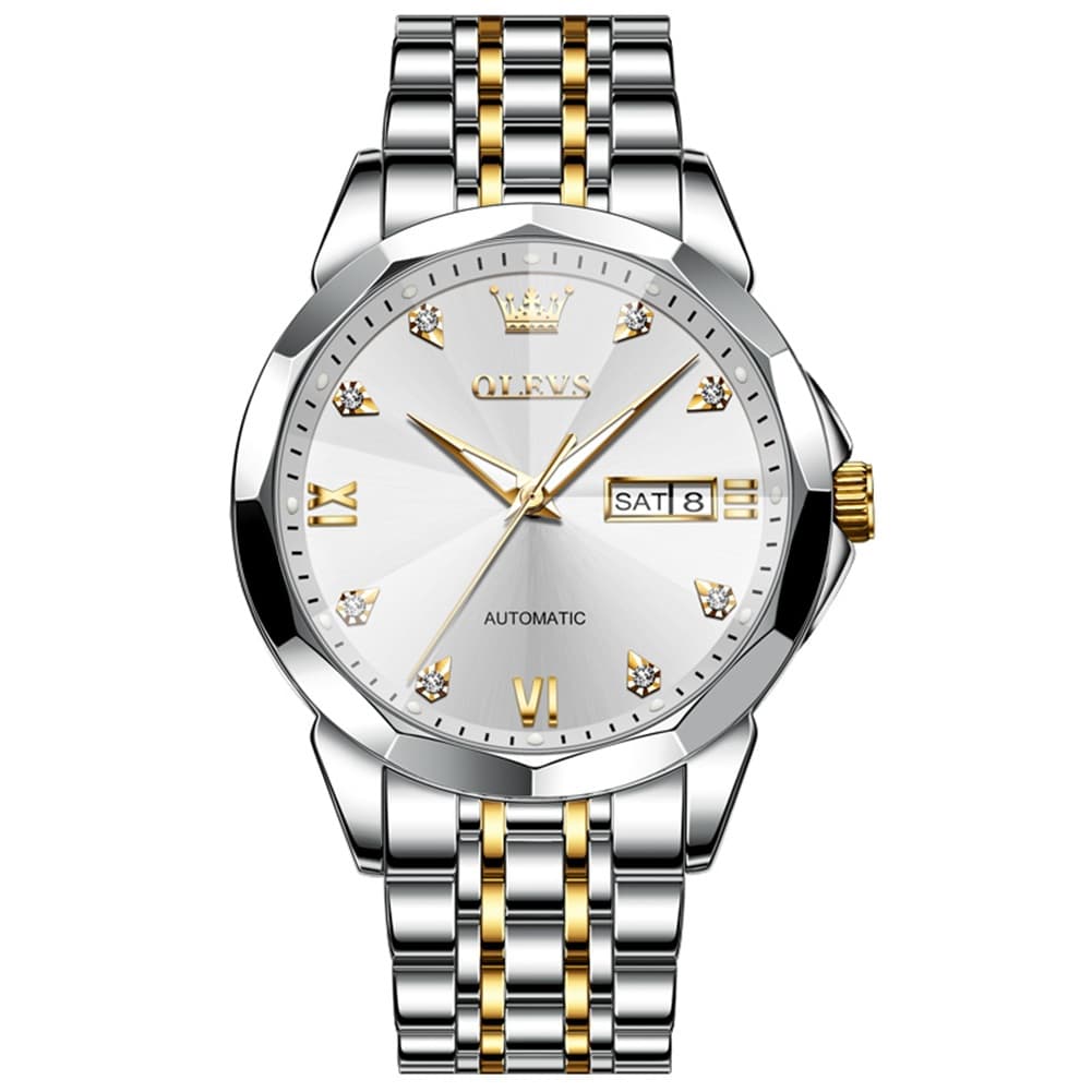 OLEVS 3D Diamond Cut Mirror Automatic Mechanical Watch 9982 Day Date for Men - All Gold Watch | Olevs Watch Store