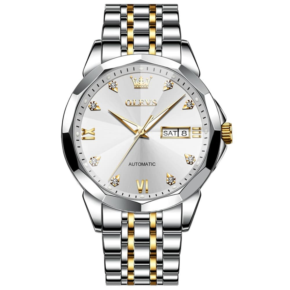 OLEVS 3D Diamond Cut Mirror Automatic Mechanical Watch 9982 Day Date for Men - All Gold Watch | Olevs Watch Store