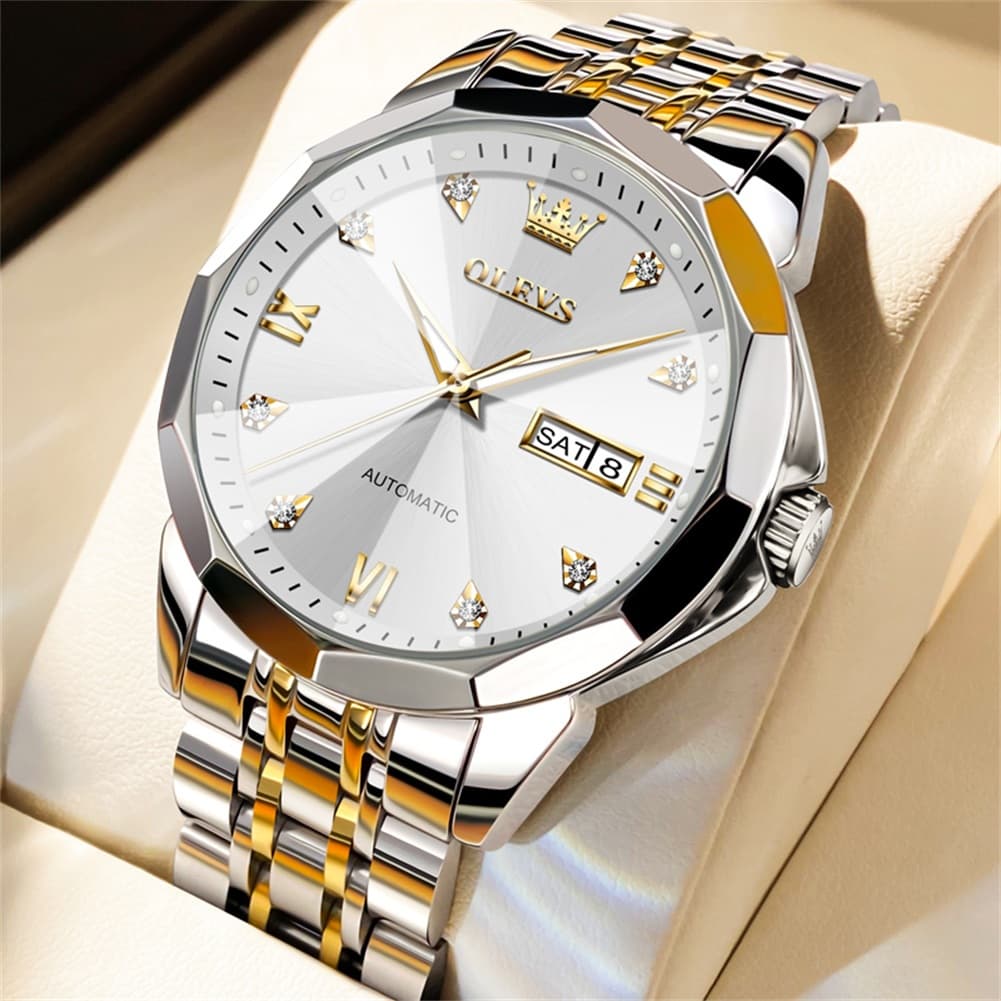 OLEVS 3D Diamond Cut Mirror Automatic Mechanical Watch 9982 Day Date for Men - Two Tone White Watch | Olevs Watch Store