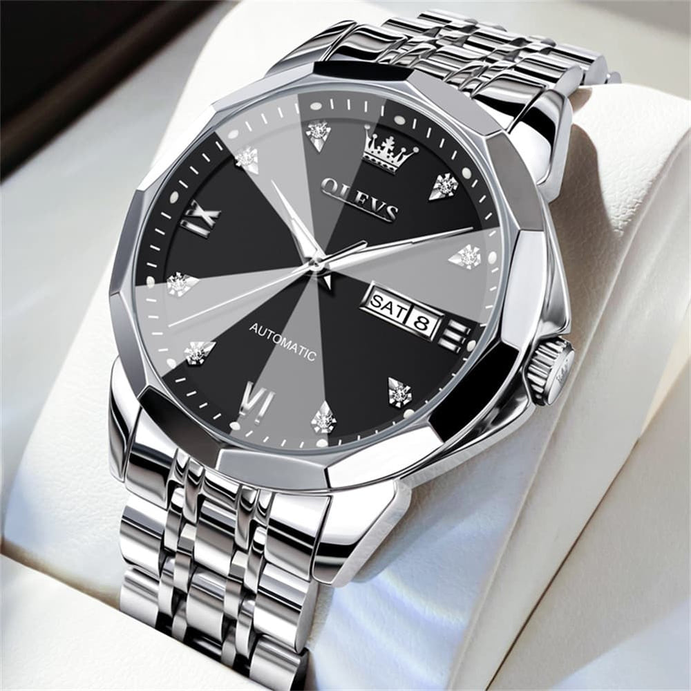 OLEVS 3D Diamond Cut Mirror Automatic Mechanical Watch 9982 Day Date for Men - Silver Black Watch | Olevs Watch Store