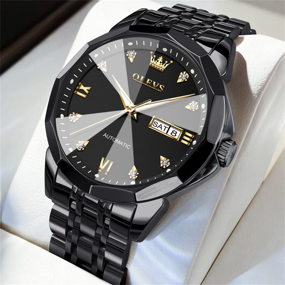 OLEVS 3D Diamond Cut Mirror Automatic Mechanical Watch 9982 Day Date for Men - All Black Watch | Olevs Watch Store