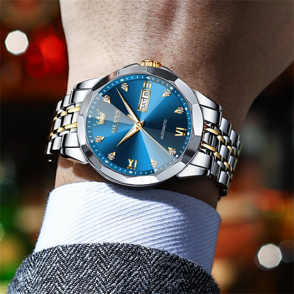 OLEVS 3D Diamond Cut Mirror Automatic Mechanical Watch 9982 Day Date for Men - All Gold Watch | Olevs Watch Store