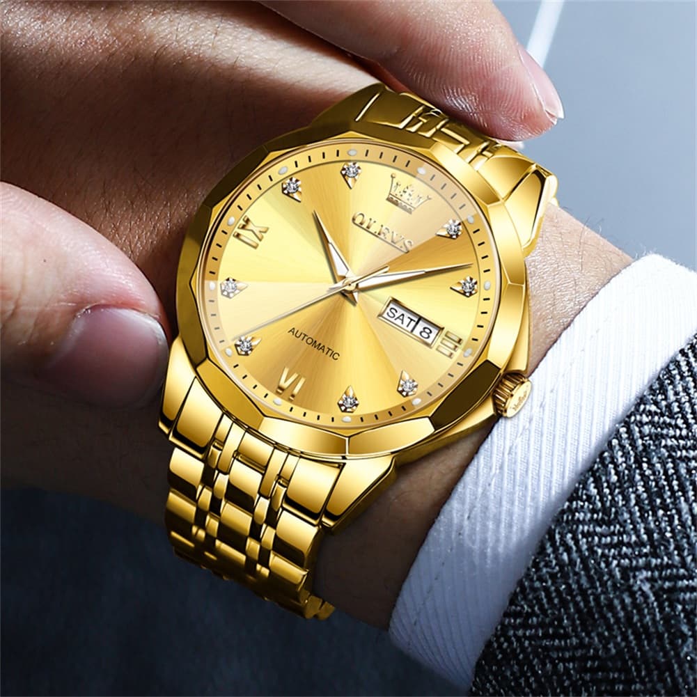 OLEVS 3D Diamond Cut Mirror Automatic Mechanical Watch 9982 Day Date for Men - All Gold Watch | Olevs Watch Store