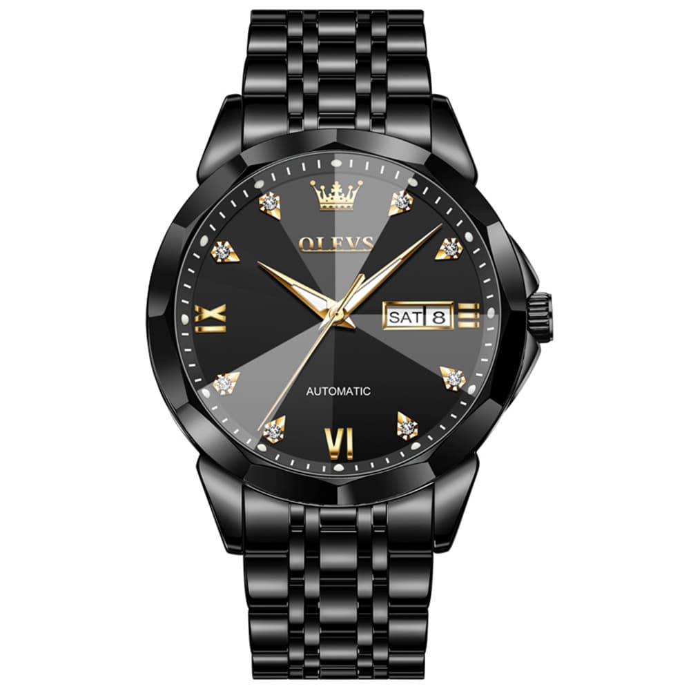 OLEVS 3D Diamond Cut Mirror Automatic Mechanical Watch 9982 Day Date for Men - All Gold Watch | Olevs Watch Store
