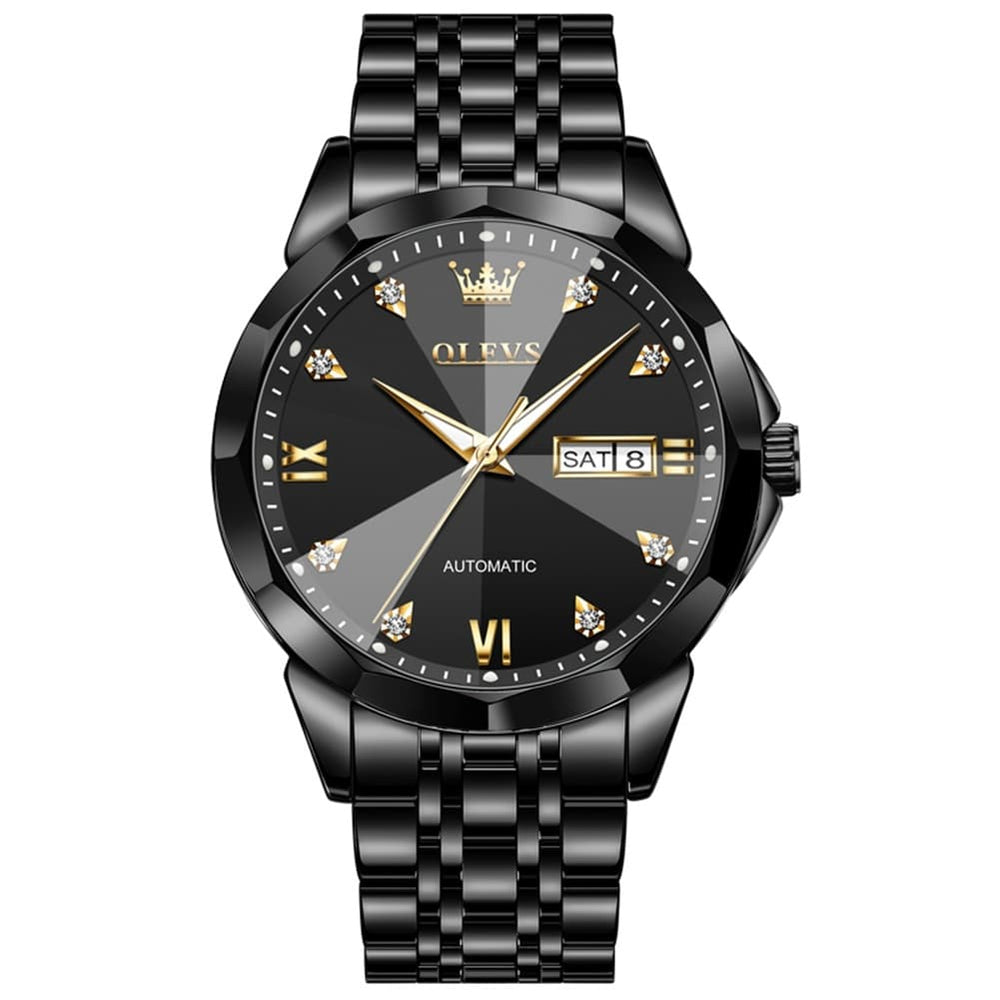 OLEVS 3D Diamond Cut Mirror Automatic Mechanical Watch 9982 Day Date for Men - All Gold Watch | Olevs Watch Store