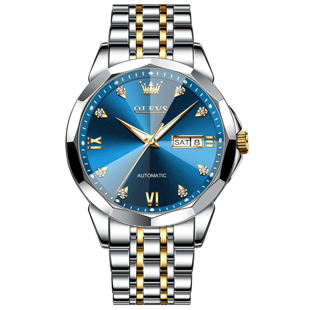 OLEVS 3D Diamond Cut Mirror Automatic Mechanical Watch 9982 Day Date for Men - All Gold Watch | Olevs Watch Store
