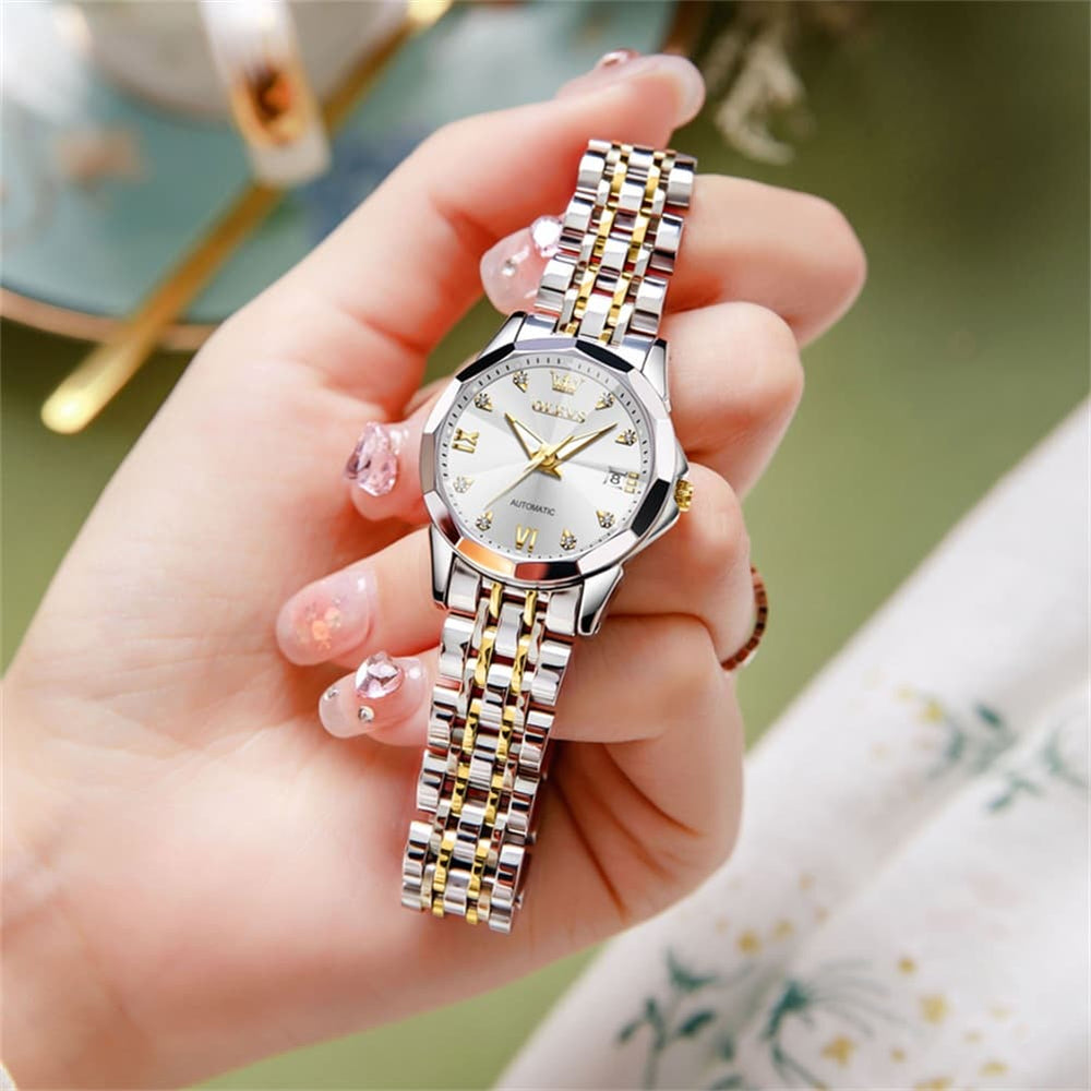 OLEVS 3D Diamond Cut Mirror Automatic Mechanical Watch 9982 for Women - All Black Watch | Olevs Watch Store