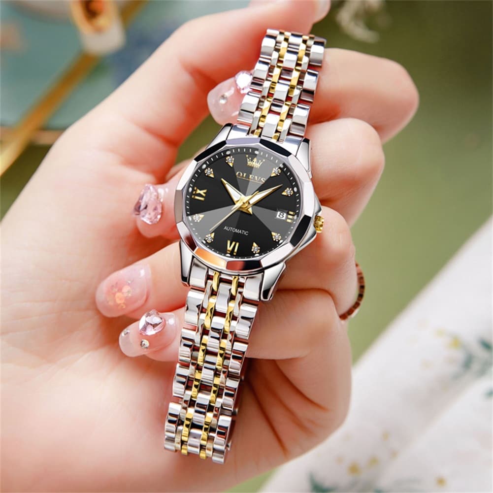 OLEVS 3D Diamond Cut Mirror Automatic Mechanical Watch 9982 for Women - All Black Watch | Olevs Watch Store
