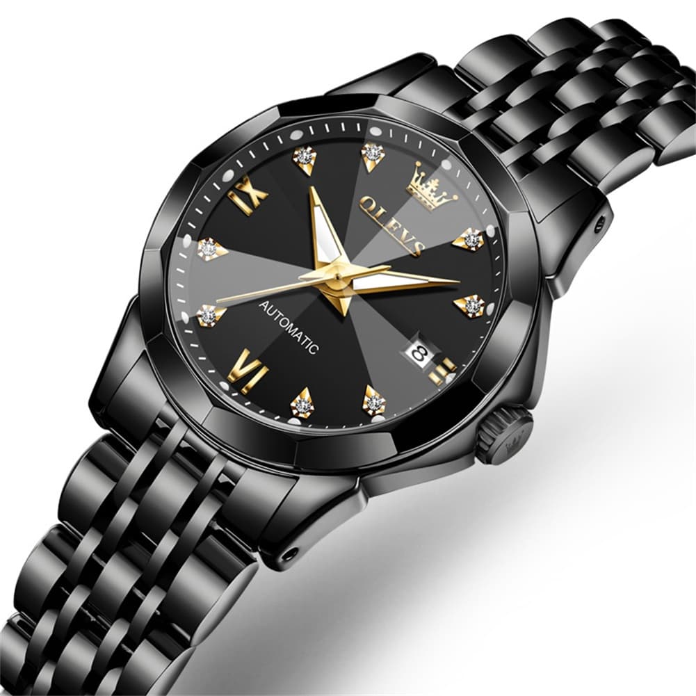 OLEVS 3D Diamond Cut Mirror Automatic Mechanical Watch 9982 for Women - All Black Watch | Olevs Watch Store