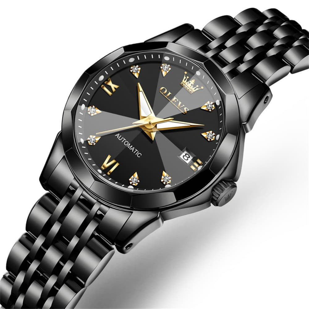 OLEVS 3D Diamond Cut Mirror Automatic Mechanical Watch 9982 for Women - All Black Watch | Olevs Watch Store
