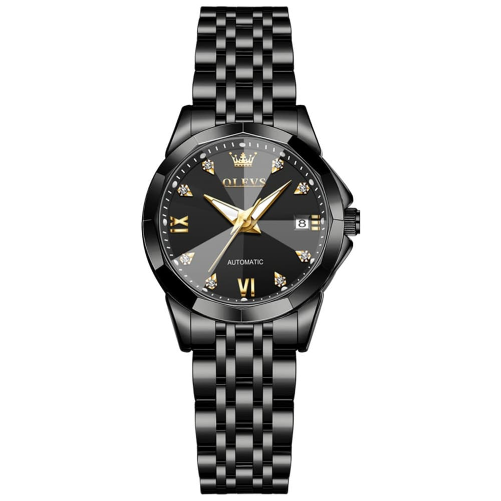 OLEVS 3D Diamond Cut Mirror Automatic Mechanical Watch 9982 for Women - All Black Watch | Olevs Watch Store