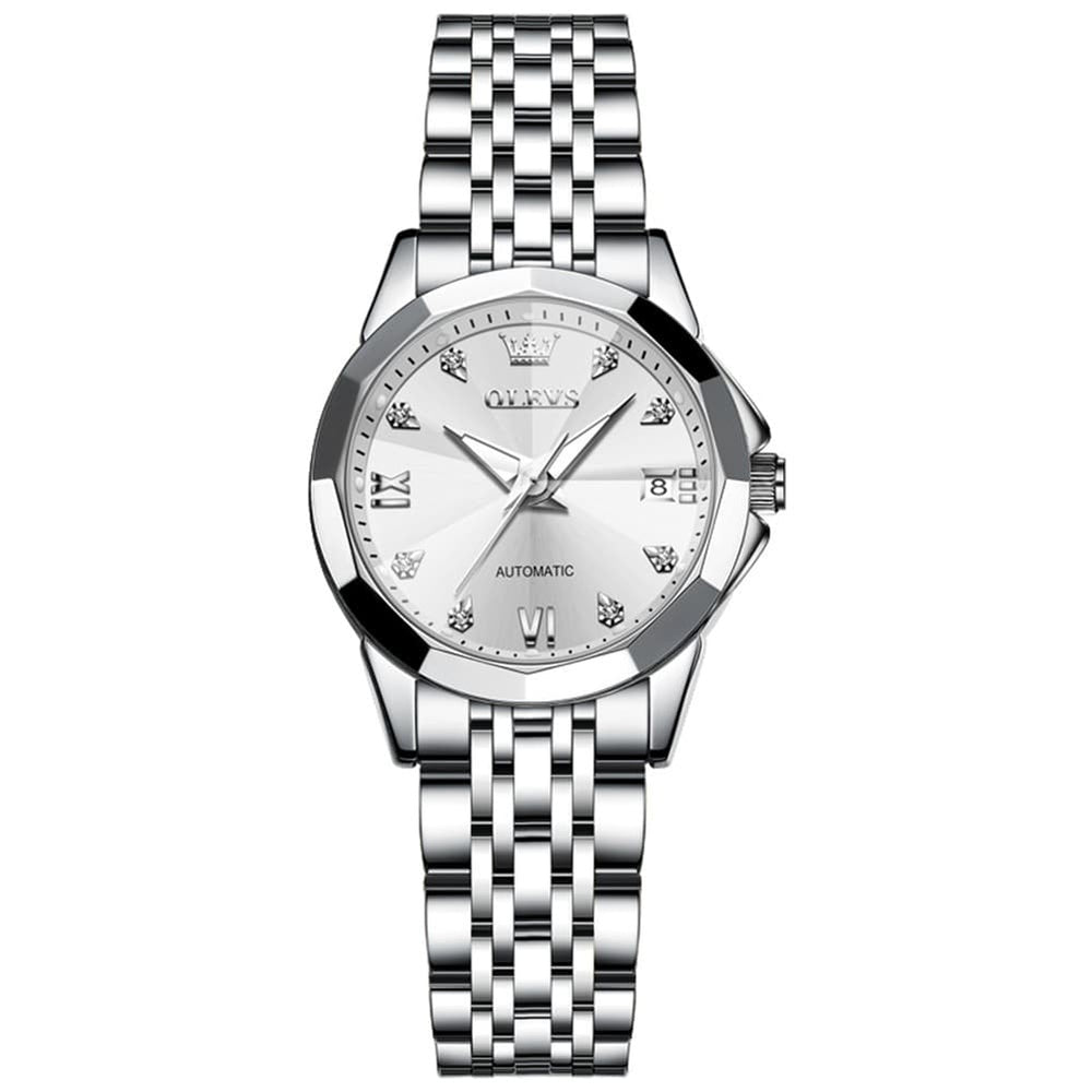 OLEVS 3D Diamond Cut Mirror Automatic Mechanical Watch 9982 for Women - All Black Watch | Olevs Watch Store