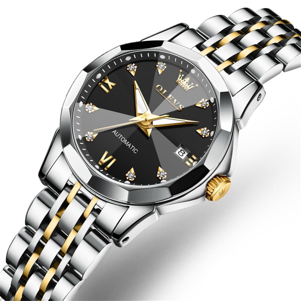 OLEVS 3D Diamond Cut Mirror Automatic Mechanical Watch 9982 for Women - All Black Watch | Olevs Watch Store
