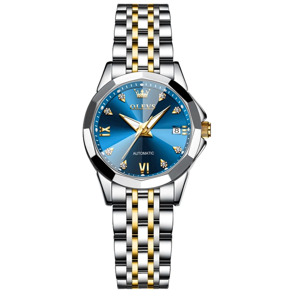 OLEVS 3D Diamond Cut Mirror Automatic Mechanical Watch 9982 for Women - All Black Watch | Olevs Watch Store