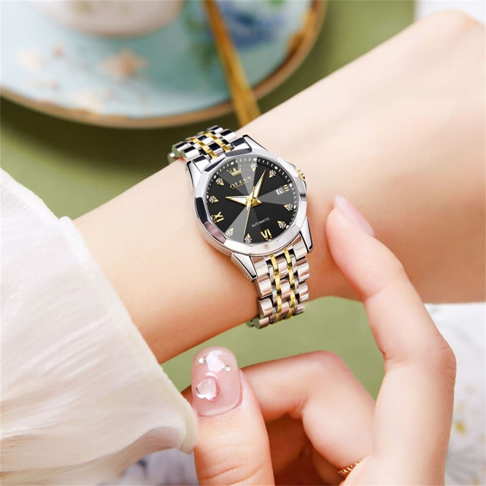 OLEVS 3D Diamond Cut Mirror Automatic Mechanical Watch 9982 for Women - All Black Watch | Olevs Watch Store