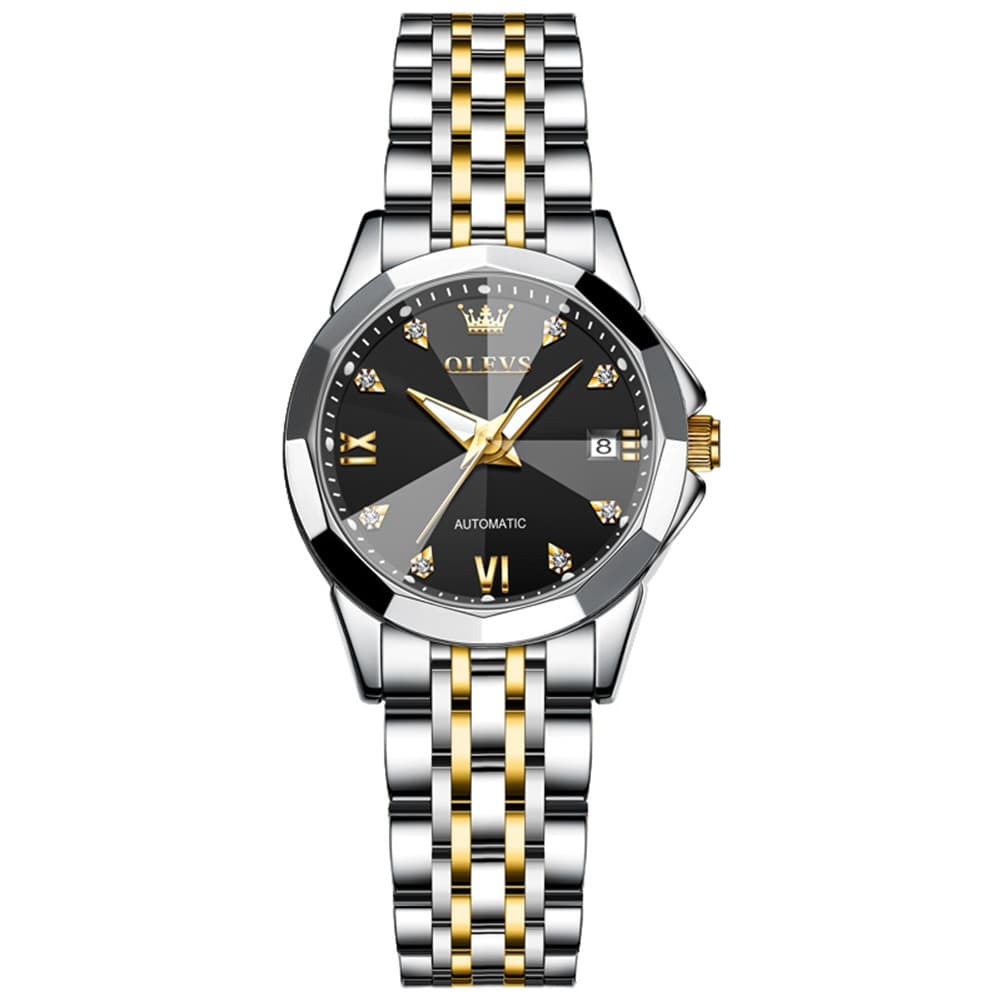 OLEVS 3D Diamond Cut Mirror Automatic Mechanical Watch 9982 for Women - Two Tone Blue Watch | Olevs Watch Store