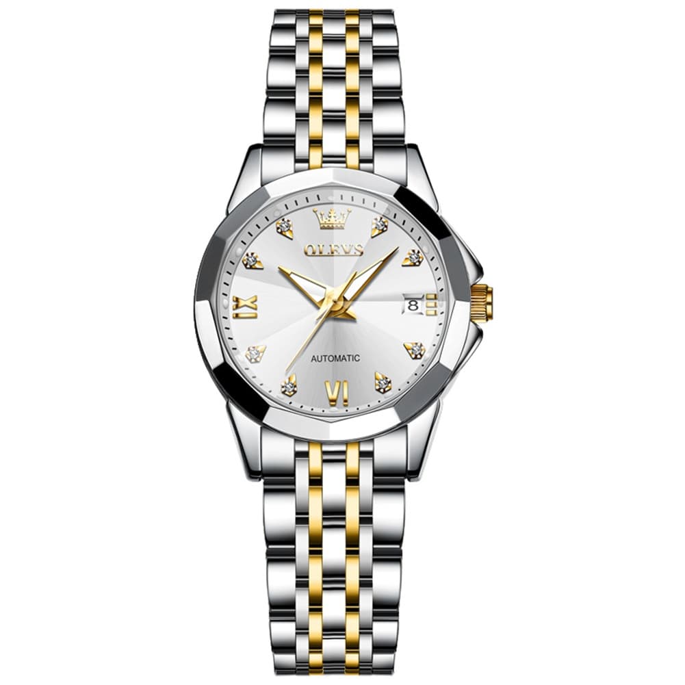 OLEVS 3D Diamond Cut Mirror Automatic Mechanical Watch 9982 for Women - All Black Watch | Olevs Watch Store
