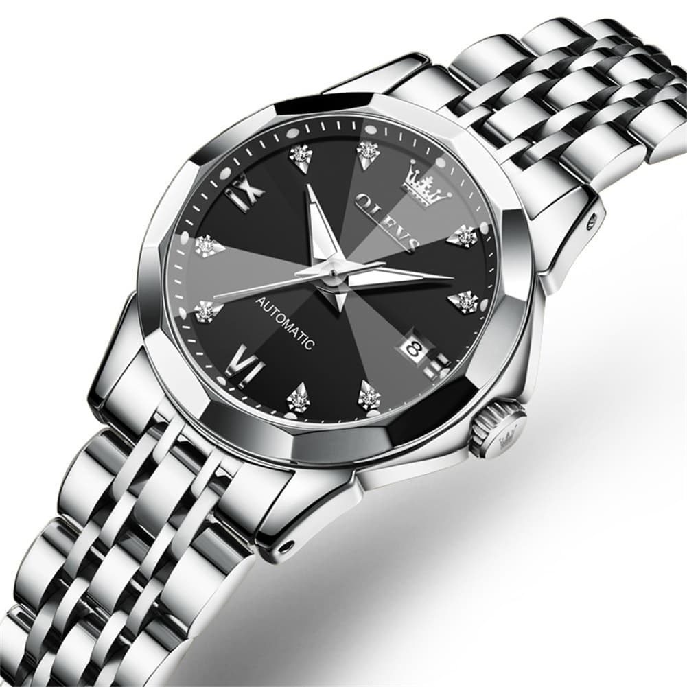OLEVS 3D Diamond Cut Mirror Automatic Mechanical Watch 9982 for Women - All Black Watch | Olevs Watch Store