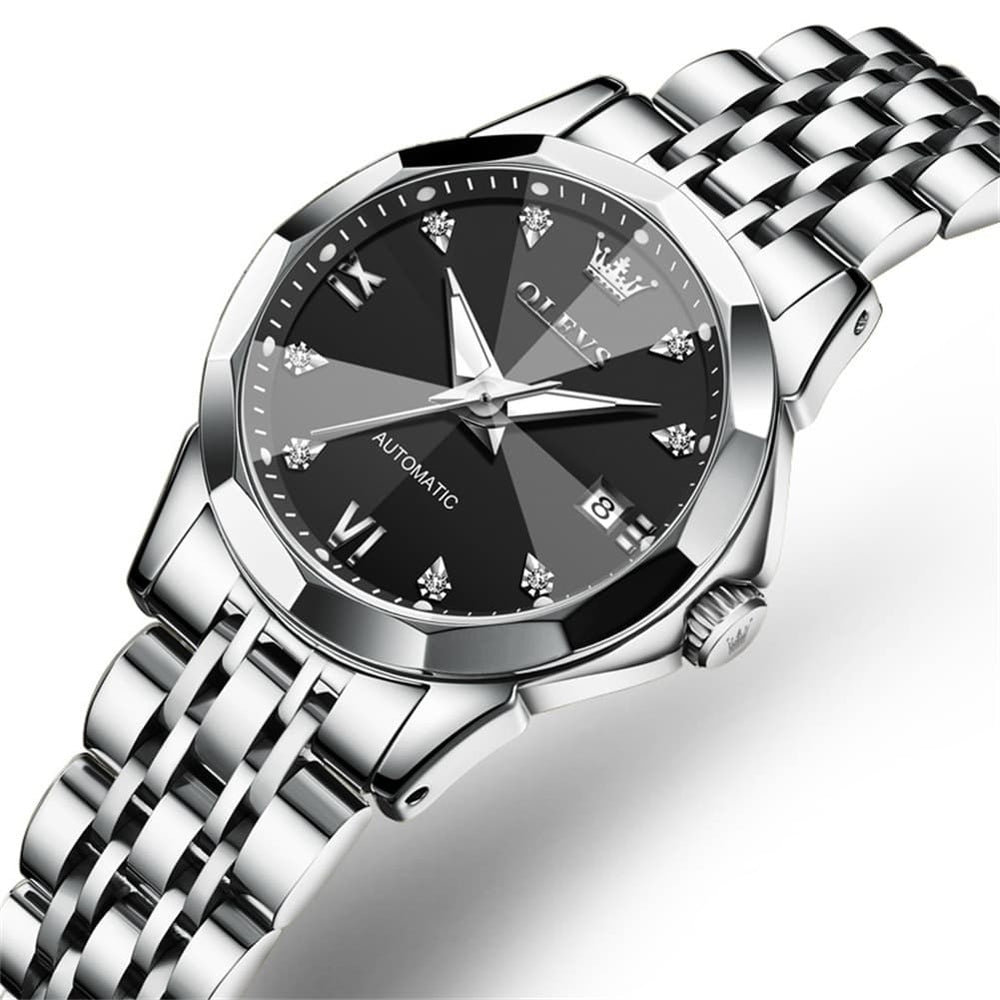 OLEVS 3D Diamond Cut Mirror Automatic Mechanical Watch 9982 for Women - All Black Watch | Olevs Watch Store