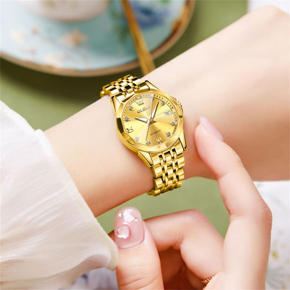 OLEVS 3D Diamond Cut Mirror Automatic Mechanical Watch 9982 for Women - All Black Watch | Olevs Watch Store