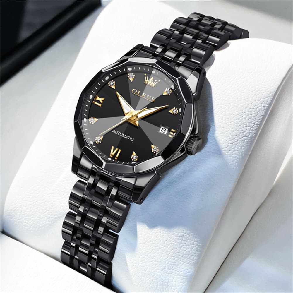 OLEVS 3D Diamond Cut Mirror Automatic Mechanical Watch 9982 for Women - All Black Watch | Olevs Watch Store