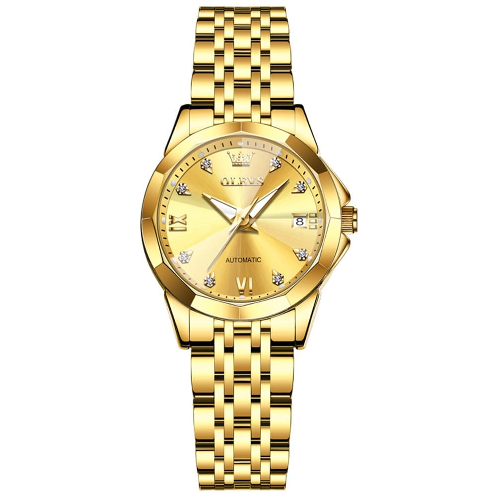 OLEVS 3D Diamond Cut Mirror Automatic Mechanical Watch 9982 for Women - All Black Watch | Olevs Watch Store
