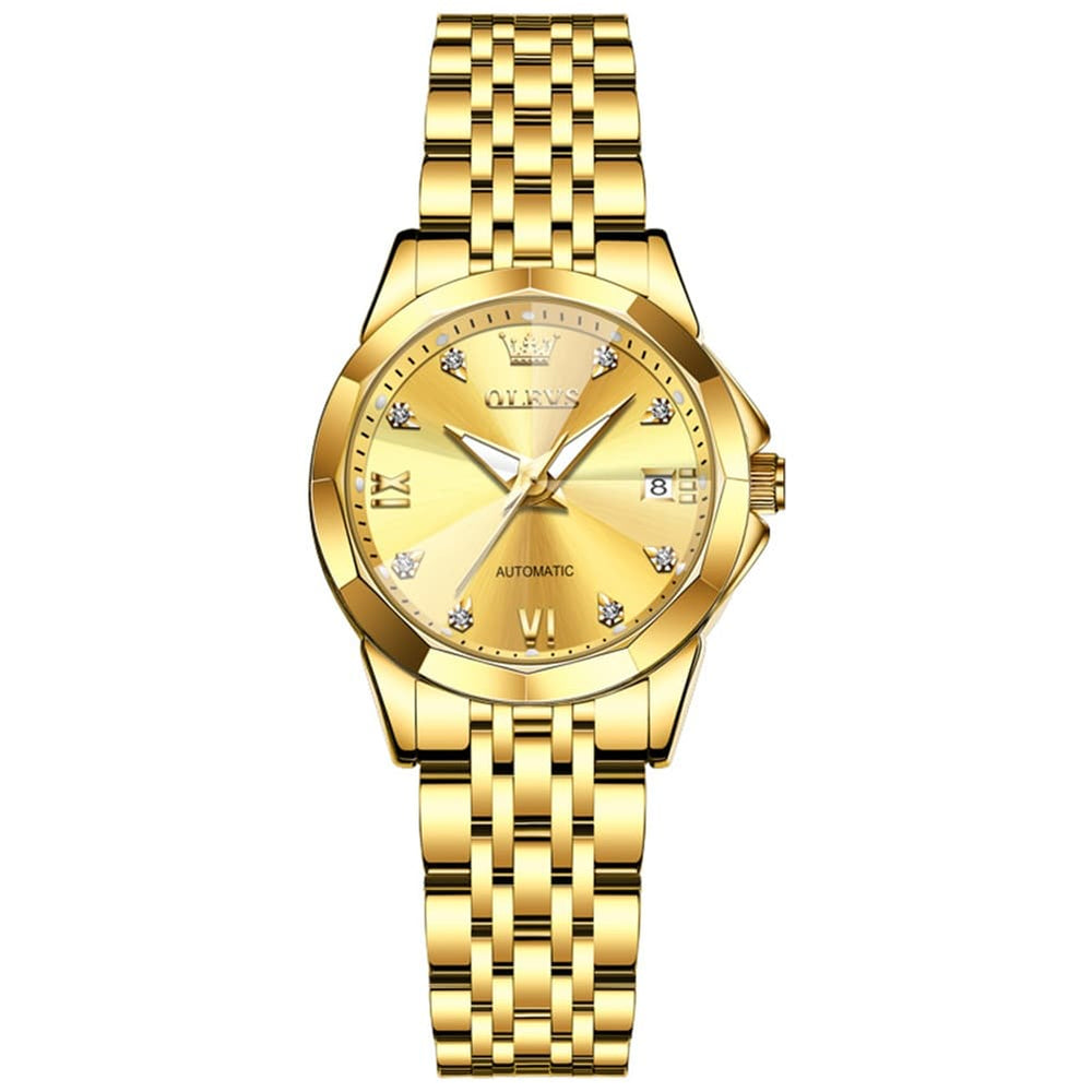 OLEVS 3D Diamond Cut Mirror Automatic Mechanical Watch 9982 for Women - All Black Watch | Olevs Watch Store