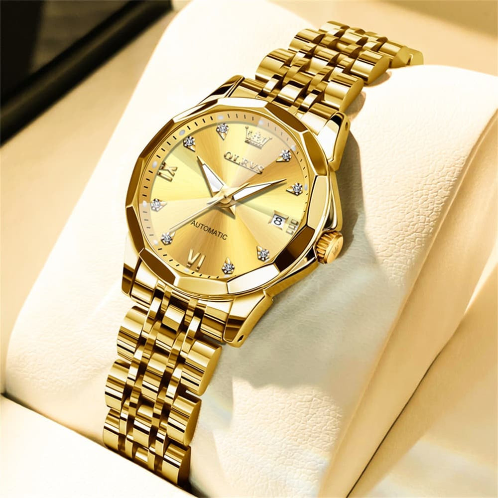 OLEVS 3D Diamond Cut Mirror Automatic Mechanical Watch 9982 for Women - All Gold Watch | Olevs Watch Store