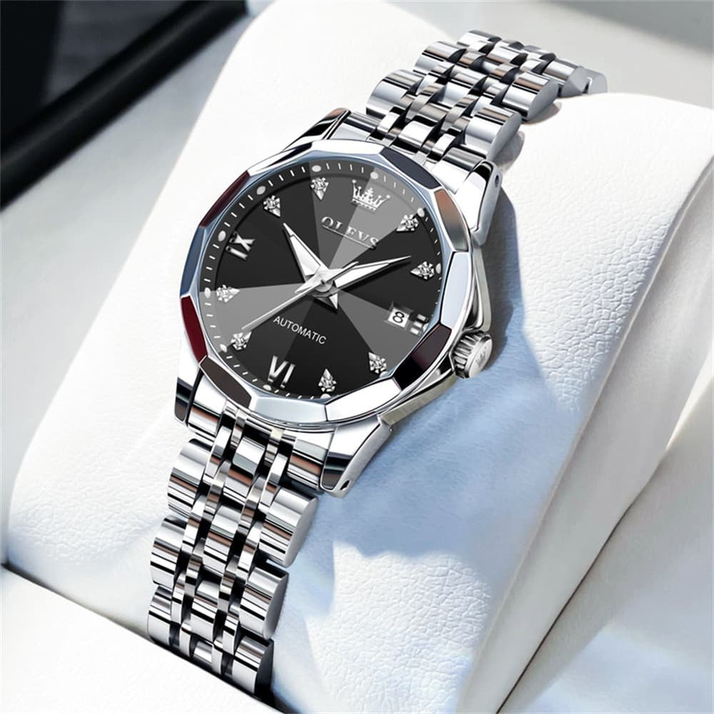 OLEVS 3D Diamond Cut Mirror Automatic Mechanical Watch 9982 for Women - Silver Black Watch | Olevs Watch Store
