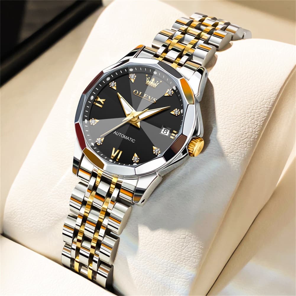 OLEVS 3D Diamond Cut Mirror Automatic Mechanical Watch 9982 for Women - Two Tone Black Watch | Olevs Watch Store