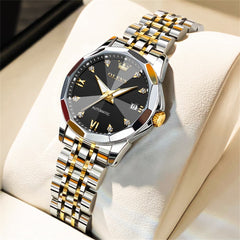 OLEVS 3D Diamond Cut Mirror Automatic Mechanical Watch 9982 for Women - Two Tone Black Watch | Olevs Watch Store