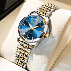 OLEVS 3D Diamond Cut Mirror Automatic Mechanical Watch 9982 for Women - Two Tone Blue Watch | Olevs Watch Store