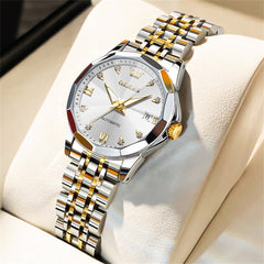 OLEVS 3D Diamond Cut Mirror Automatic Mechanical Watch 9982 for Women - Two Tone White Watch | Olevs Watch Store